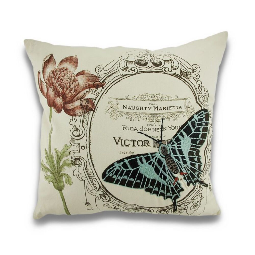 Vintage Style Naughty Butterfly Embroidered Decorative Throw Pillow 18in.